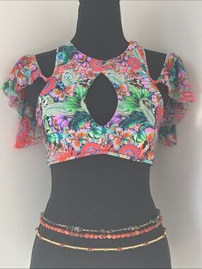 REVERSIBLE 💞 Tropical Cutout Flutter Multicolor Sleeve Swimsuit / Festival Top